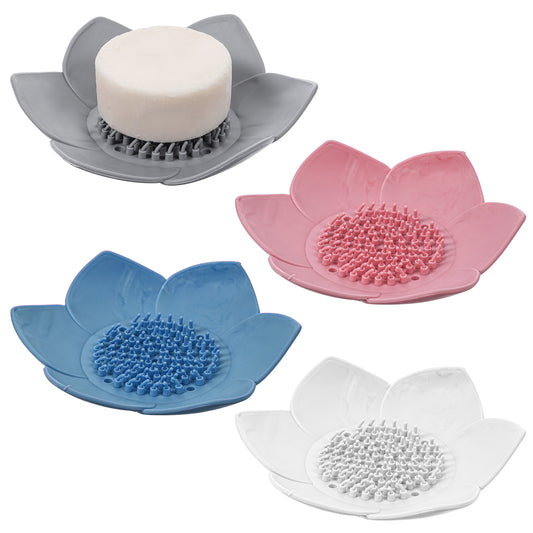 4 Pack Soap Dishes with Draining Non-Slip Silicone Soap Dish Shower Steamer Tray Floral Shape Bar Soap Holder Bathroom Soap Tray Self-draining Sponge Soap Saver for Kitchen Sink Counter Bathtub