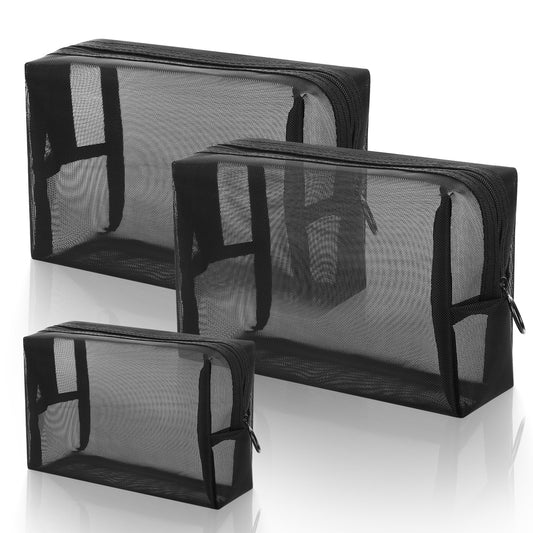 Wanmu 3Pcs Mesh Makeup Bags, Mesh Cosmetic Bag, Portable Toiletry Bag, Travel Organizing Zipper Pouch, Toiletries Makeup Pouches, Black Breathable Mesh for Home Office Travel Accessories