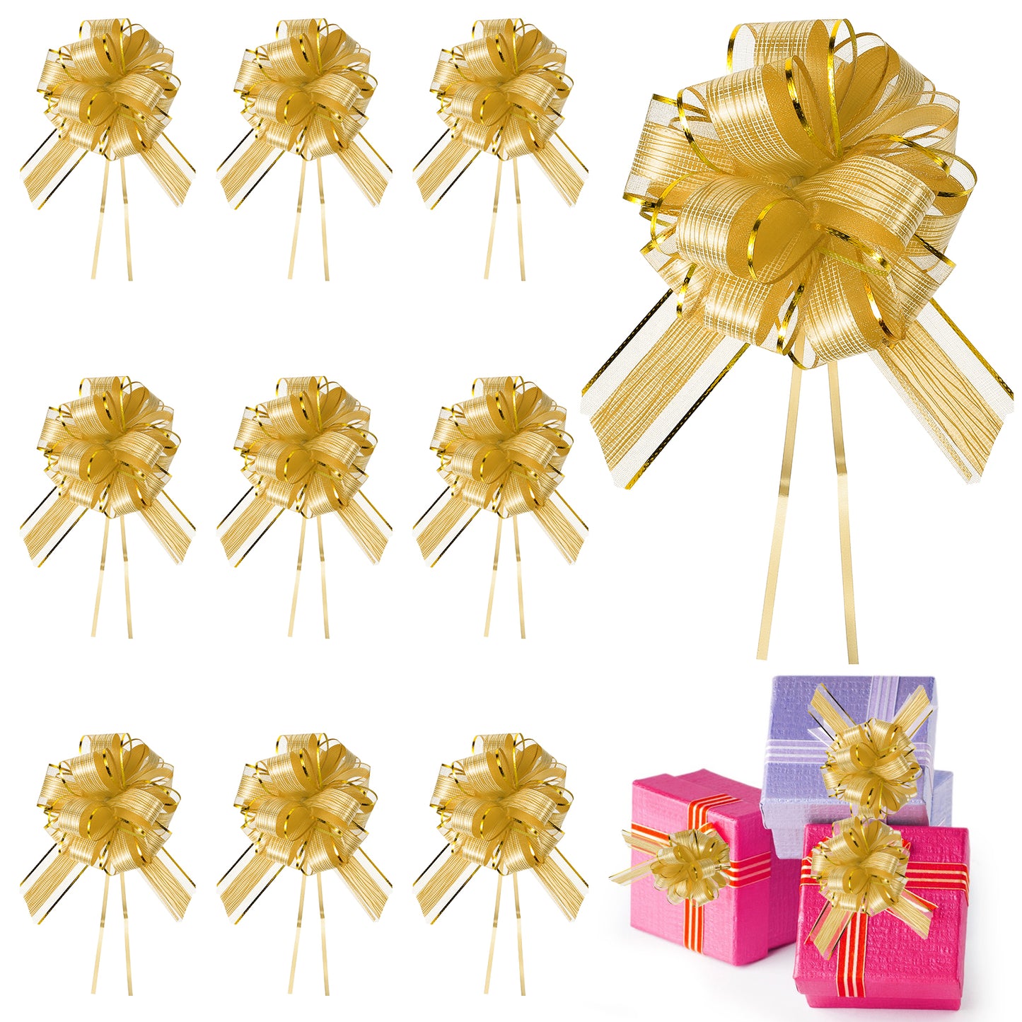 Sibba 10 Pcs Large Gift Wrapping Pull Bows Present Wrap Ribbon 10 Inches Wedding Ribbon Bows Chiffon Flower Boxes Decoration Bouquets Present Supplies for Christmas Baskets Valentine's Day DIY (Gold)
