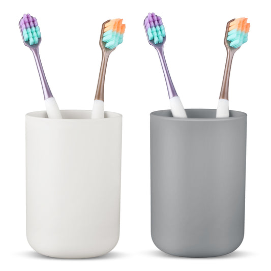 COMNICO 2 Pcs Bathroom Toothbrush Holder Cups Unbreakable Plastic Tooth Brushing Tumbler Reusable Portable Mouthwash Cup for Drinking Rinsing Vanity Countertop Toothpaste Travel(Grey, White,2)