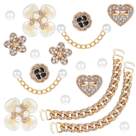 Wanmu 20 Pcs Bling Shoe Charms for Women, Golden Chains for Clog Shoes Rhinestones Bling Chain Charms Pearl Flower Clog Shoes Decoration Cute Decor DIY Shoe for Birthday Party Favors Accessories