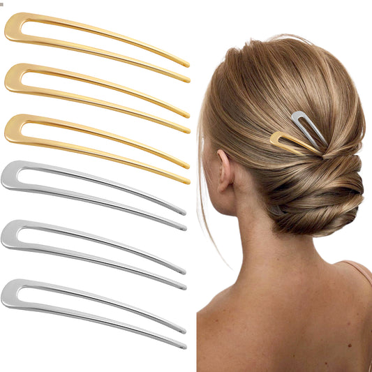 6 Pcs French Hair Pins for Women, U-Shaped Metal Hair Pins and Forks for Women, 3.9 Inch Hair Sticks French Twist Hair Fork 2 Prong Sticks for Buns, Twists, Updos, Knots, and Wedding Hairstyles