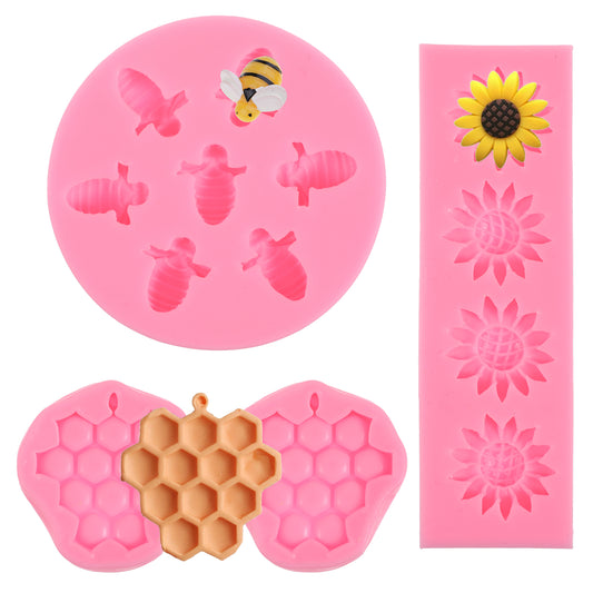 4 Pcs Bumble Bee Silicone Mold Honeycomb Sunflower Fondant Molds Non-Stick Beehive Baking Mold Mousse Chocolate Cupcake Molds for Party Wedding DIY Candy Jelly Ice Cube Mini Cakes Decoration