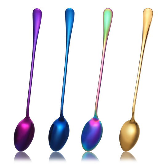 4pcs 7.67 Inch Long Handle Ice Tea Spoons Ice Cream Spoons Cocktail Stir Spoons Plated Latte Spoon Stainless Steel Teaspoons Colored Coffee Spoons Stainless Steel Stirring Spoons for Milkshake Dessert