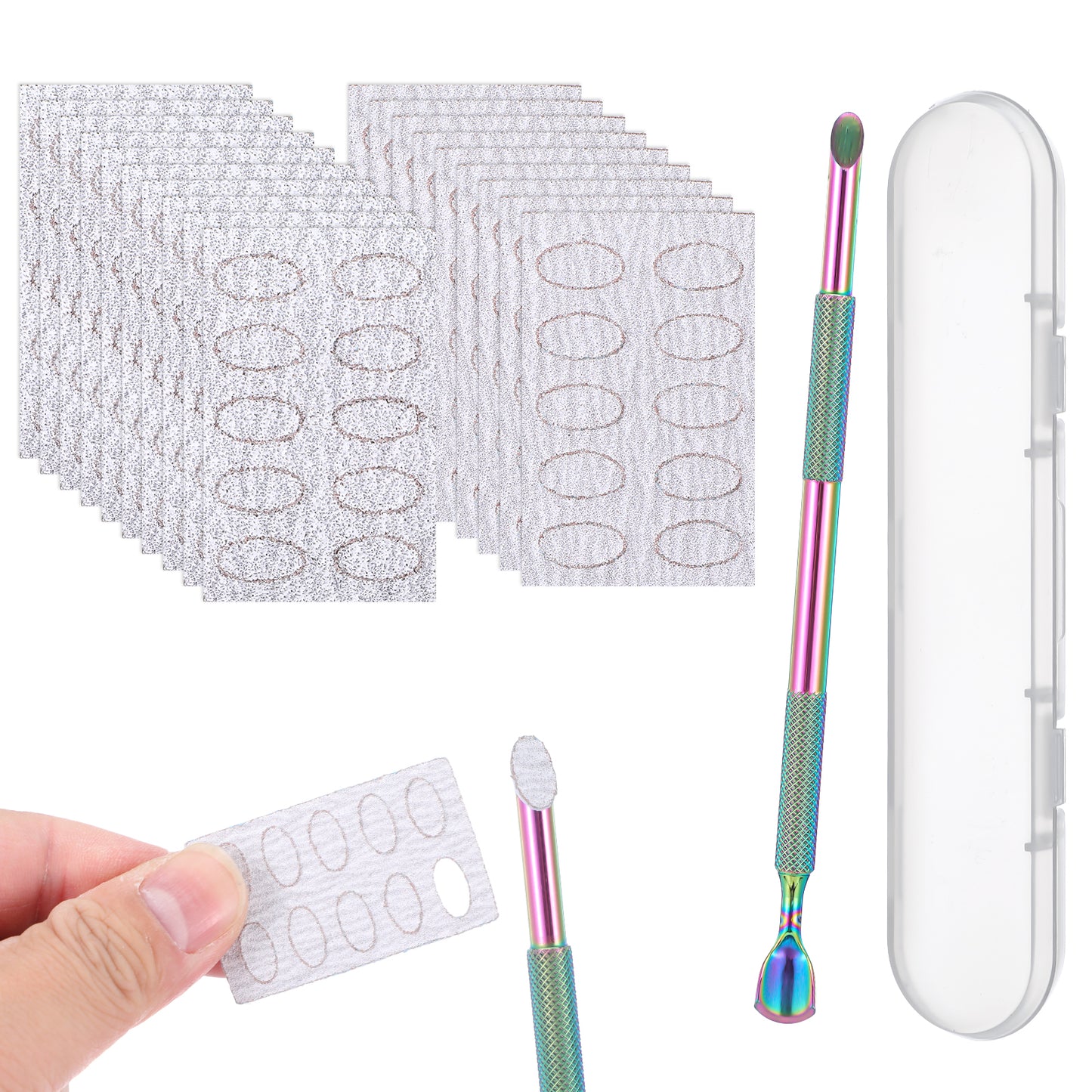 Wanmu Nail Cuticle Pusher, Double Head Cuticle Remover with 100pcs 100/240 Self-adhesive Grit, Pre Polishing Sandpaper Manicure Kit, Nail Care Tools for Manicure Pedicure Art