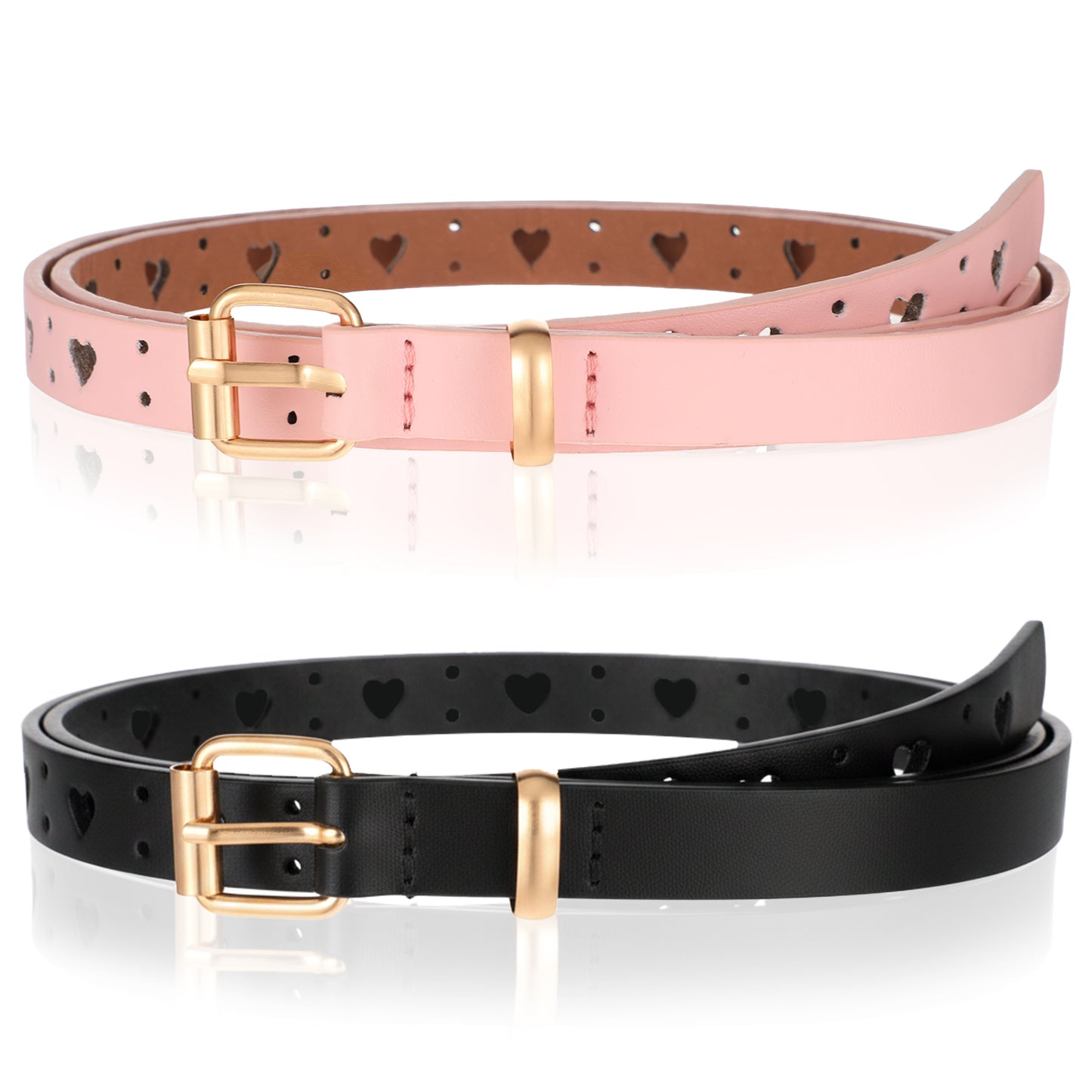 Qianyu 2 Pcs Belt for Girls Women Leather Heart Circle Hole Belt Adjustable Metal Buckle Belts for Uniform Casual Youth Women Ladies Jeans Pants Dresses, Length 31.5 inches