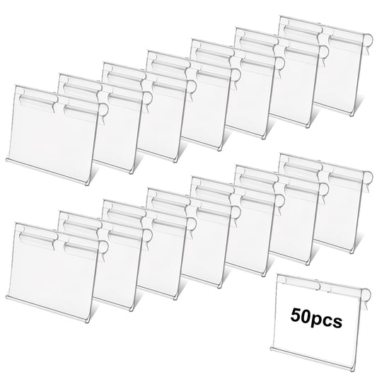 COMNICO Clip On Labels for Storage Bins, 50Pcs Basket Labels Clip On Clear Plastic Label Holders Wire Shelf Price Label Holder Merchandise Sign Display Holder for Wire Shelf Baskets Storage Cubes