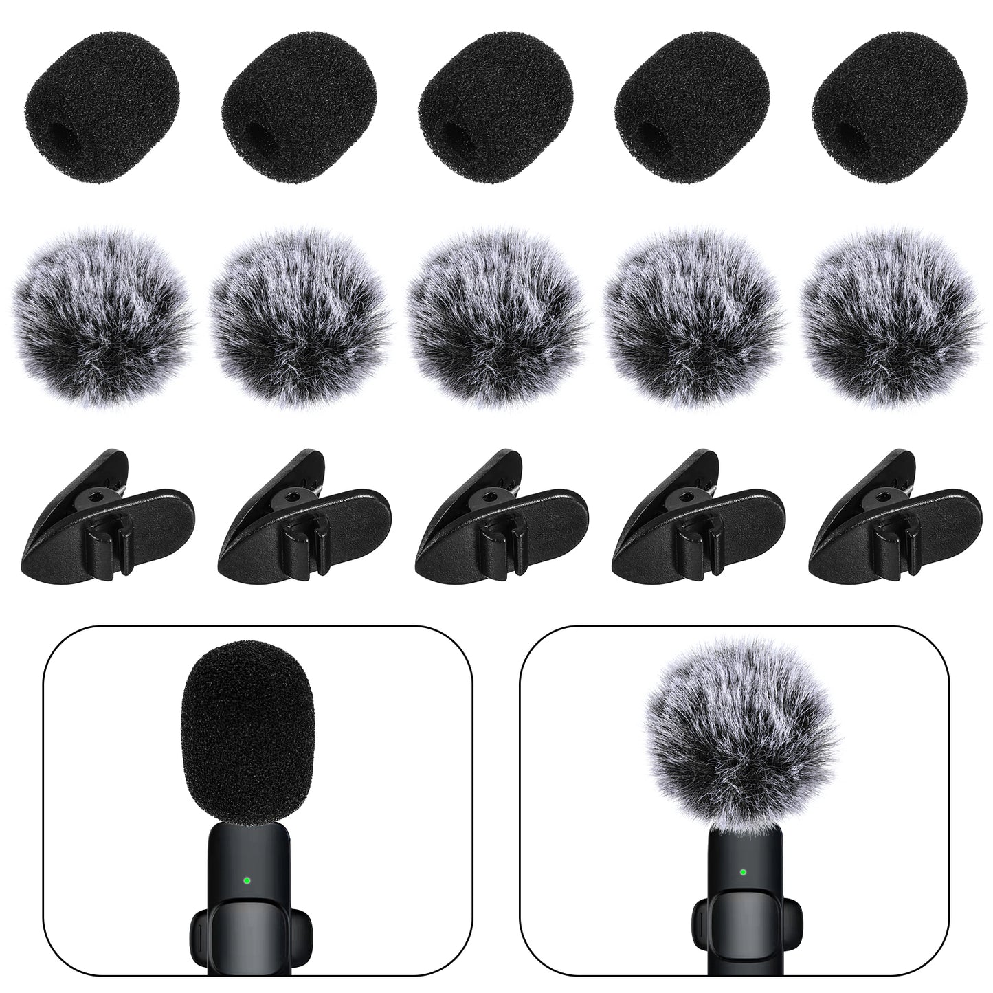 15Pcs Mini Wireless Furry Windscreen Foam Cover Set for Lavalier Microphone Wind Muff Foam Mic Cover with Clip to Reduce Plosive and Better Highlight Vocals Pop Filter Washable Windproof Wind Screen