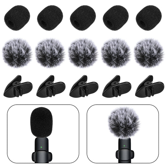 15Pcs Mini Wireless Furry Windscreen Foam Cover Set for Lavalier Microphone Wind Muff Foam Mic Cover with Clip to Reduce Plosive and Better Highlight Vocals Pop Filter Washable Windproof Wind Screen