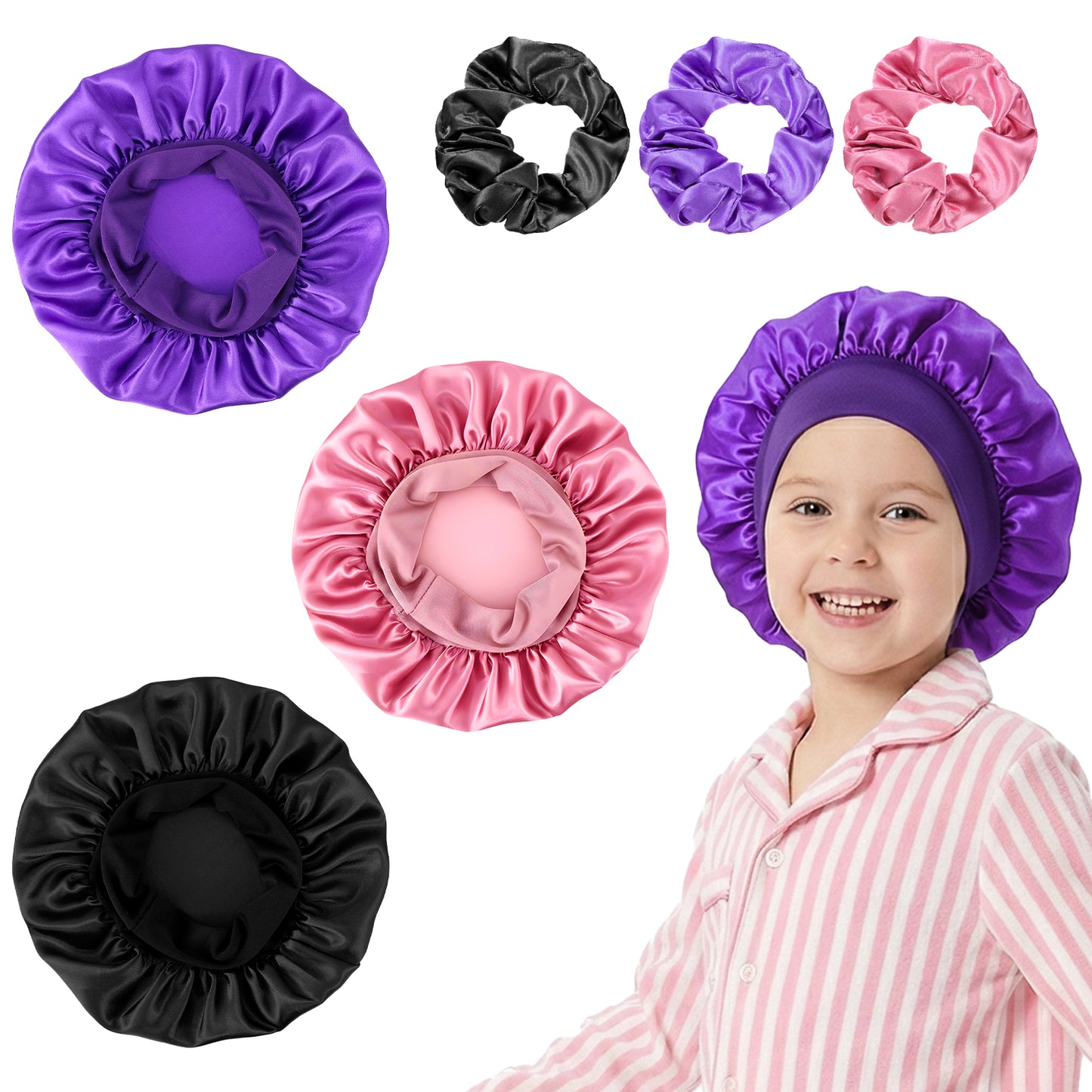 YUXIANLB 3 Pcs Satin Baby Bonnets for Kids Sleeping, Soft Cute Wide Elastic Band Hair Silk Sleep Cap with Scrunchies for Girls Boys Teens Toddler Child Curly Hair (Rose+Black+Purple)