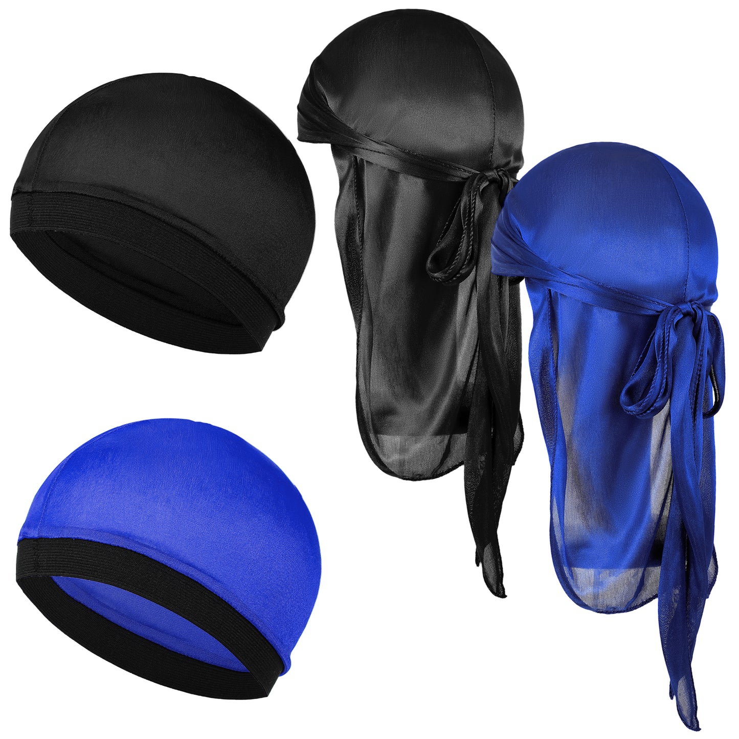 4Pcs Silky Durag Pack Elastic Dorag for Waves Premium Satin Deluxe Du-rag Wave Cap with Long Tail Headwraps Doo Rags Waves Hair Cap Soft Wide Strap Pirate Caps Turban Beanie for Boy Girl Hip-hop Decor