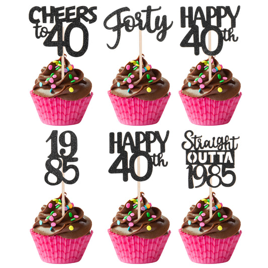 COMNICO 36pcs Black 40th Birthday Cupcake Toppers Glitter Forty Happy Vintage 1985 Cake Decor Cheers to 40 Years Wedding Anniversary Party Cake Decor Supplies