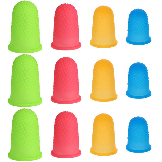 COMNICO 12pcs Rubber Finger Thimbles 4 Sizes Colors Silicone Hot Glue Finger Caps Reusable Thumb Guard Protectors Covers Finger Tip Pads Grips for Paperwork Cutting Money Counting Collating Crafts