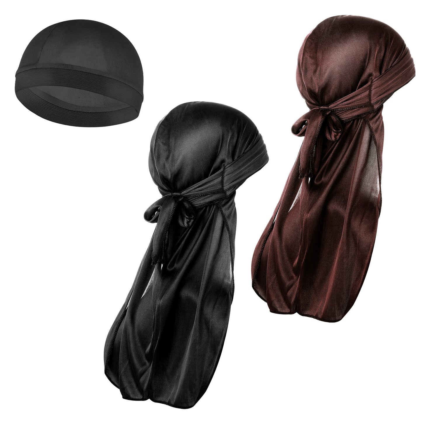 WLLHYF 3 Pieces Silky Durag Caps Elastic Wave Cap Headwraps Dome Long Tail Hair Cap Sweat Wicking Hat Breathable and Comfortable Headwrap Hat Shower Cap for Men Women Black (Black Coffee Color)