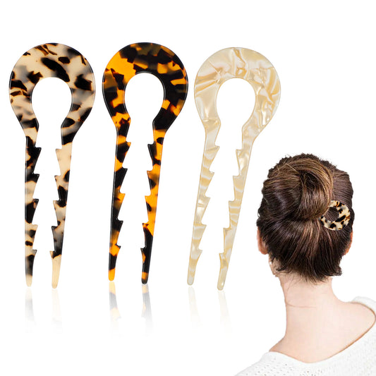 3 Pcs French Hair Forks Vintage Tortoise Color U Shape Hair Pins Classic Cellulose Acetate 2 Prong Hair Sticks Hairstyle Bun Accessories for Thick Long Curly Women Girls
