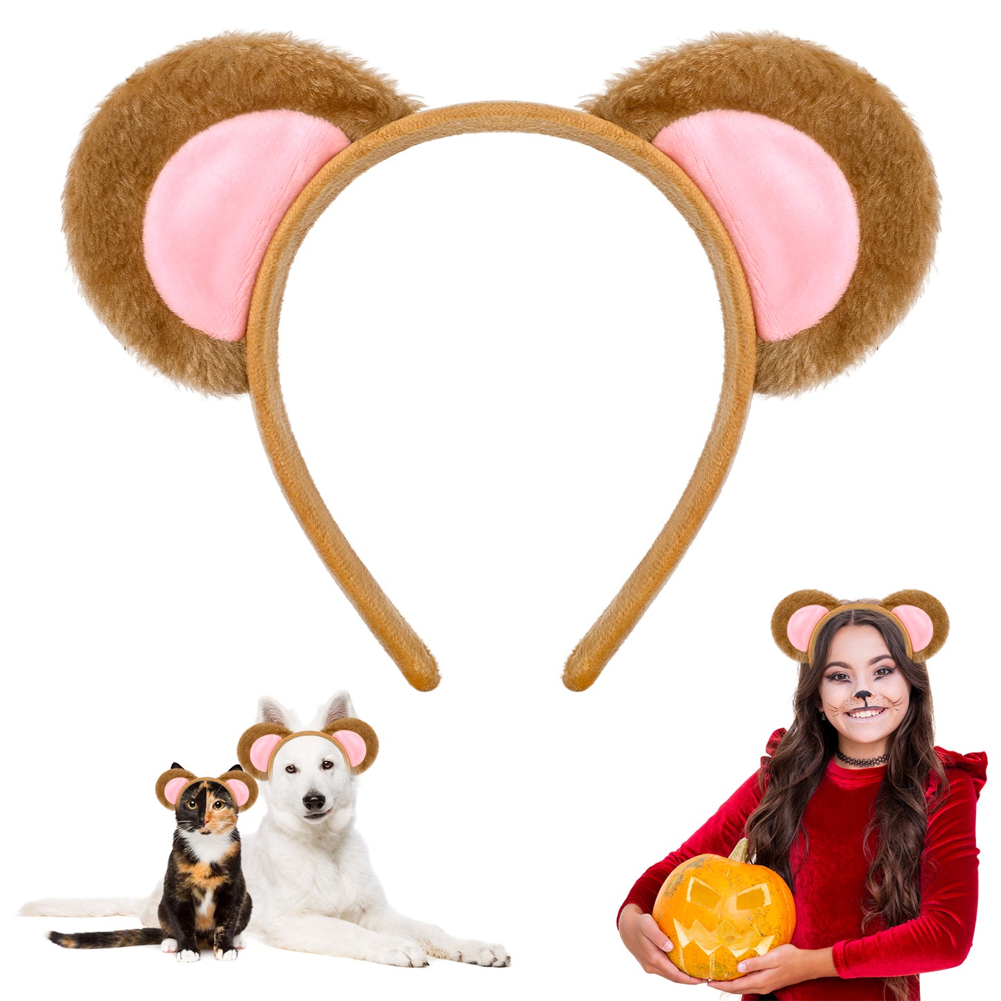 Qianyu Yellow Bear Ears Headband Adult Bear Costume for Halloween Festival Cosplay Party Bear Headband Hairband for Makeup Face Washing Plush Animal Ears Christmas Headbands Carnival (Brown)