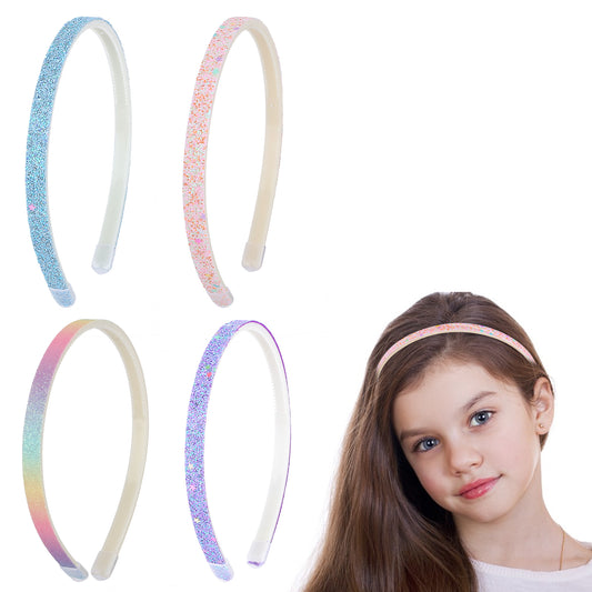 COMNICO 4pcs Glitter Girls Headbands, Sweet Cute Sparkly Star Hairband Bling Confetti Rainbow Headpiece Plastic Non Slip Hair Bands with Teeth, Colorful Hair Accessories for Teens Children Women