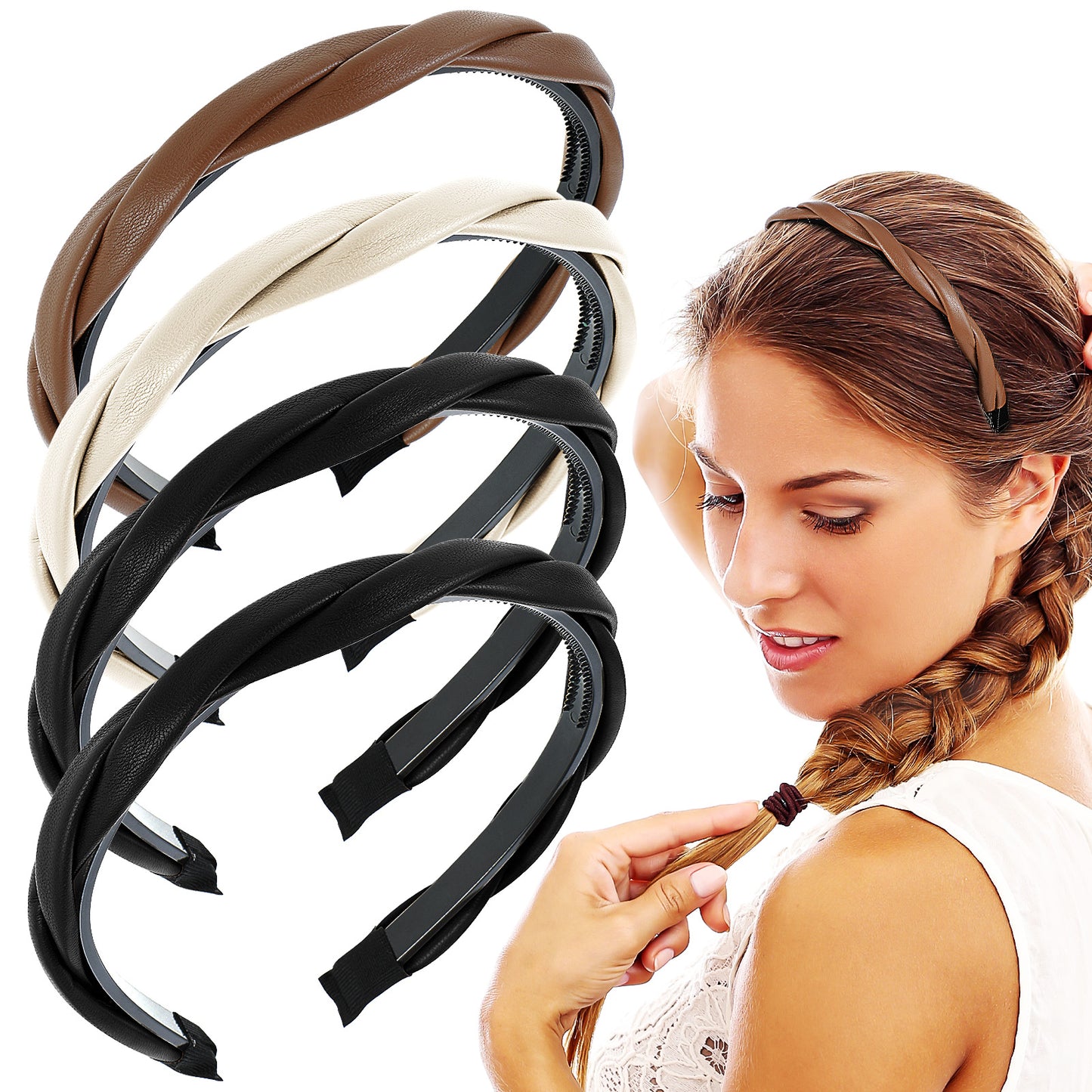 4Pcs Faux Leather Headband Thin Leather Headbands for Women Twisted Skinny Head Bands with Teeth Boho Non-Slip Headband Braided Design Hair Hoops Girls Hair Accessories