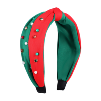Christmas Headband for Women Crystals Pearls Wide Hair Accessory Bow Jeweled Hair Band Knotted Beaded Xmas Headband for Holiday Outfits Decorations Festive(Red-Green)