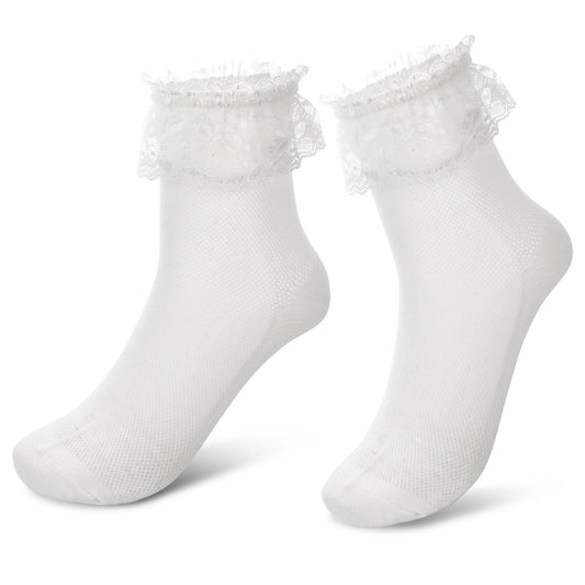 Wanmu 2 Pairs Lace Frilly Ankle Socks for Women, Soft Cotton Ruffle Ankle Socks, Cute White Princess Dress Sock for Girls