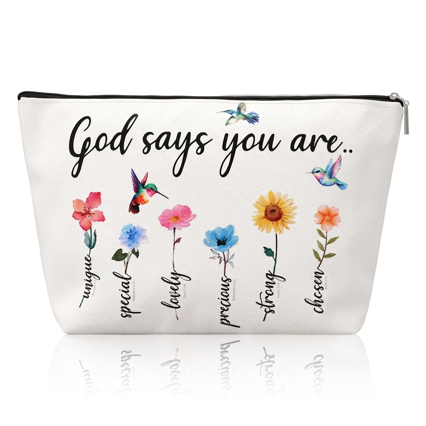 YUXIANLB God Says You are Makeup Bags, Divinely Designed Cosmetic Bag Holy Bible Verse Flower Bird Themd Pouch for Women Inspirational Affirmations & Encouragement Gifts Easter Birthday Present
