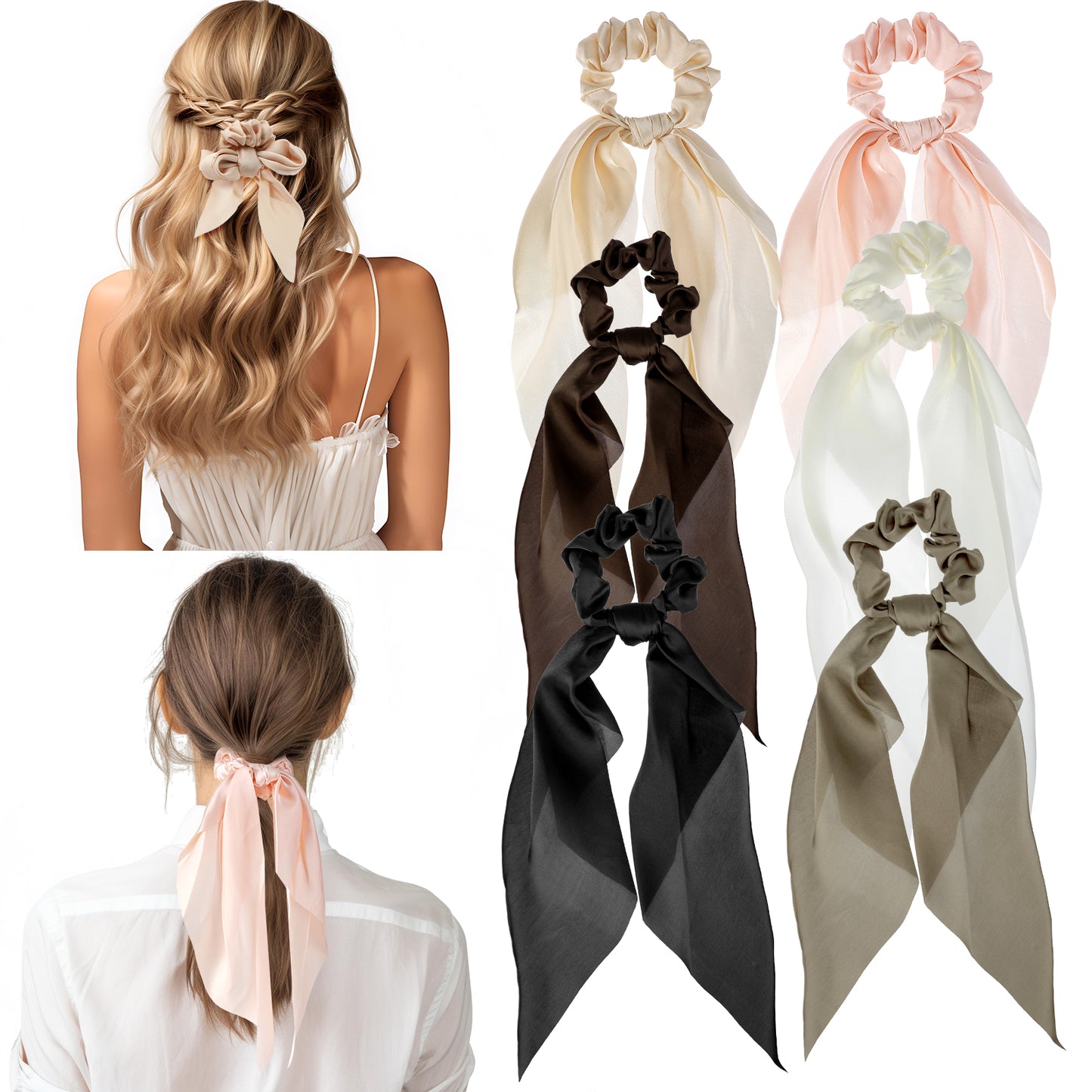 6 PCS Bow Silk Scrunchies, Hair Ties with Bows, Hair Scrunchies for Women Girls, Knotted Bow Silk Hair Ties, Elastic Bands Ponytail Holder Bachelorette Party Accessories for Thick Thin Long Hair