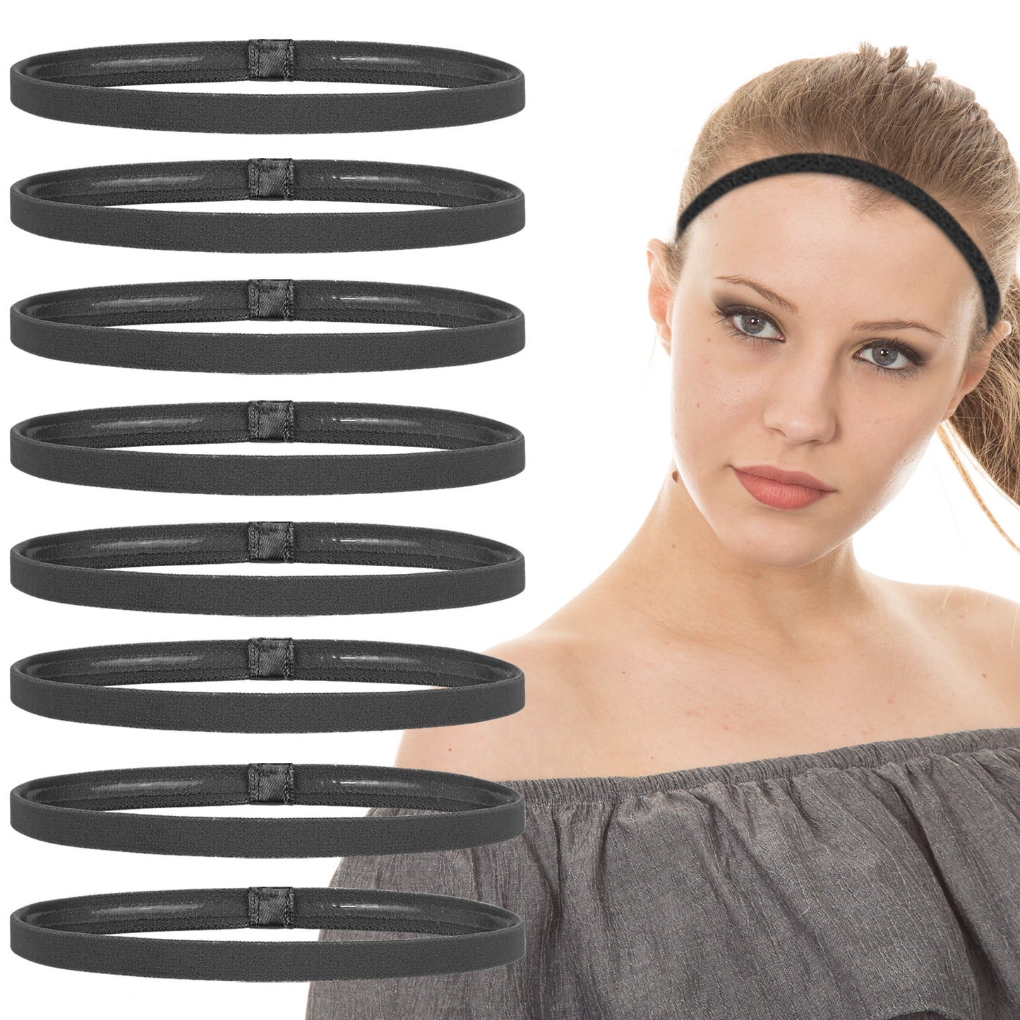 Wanmu 8Pcs Thin Sports Elastic Headbands, Black SkinnyHair Bands with Non-Slip Silicone Grip for Men Women Long Hair, Athletic Headbands for Yoga Basketball Football Tennis