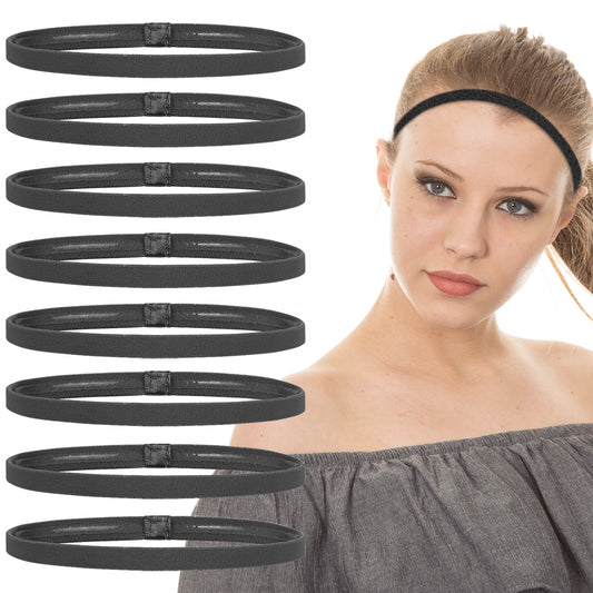 Wanmu 8Pcs Thin Sports Elastic Headbands, Black SkinnyHair Bands with Non-Slip Silicone Grip for Men Women Long Hair, Athletic Headbands for Yoga Basketball Football Tennis