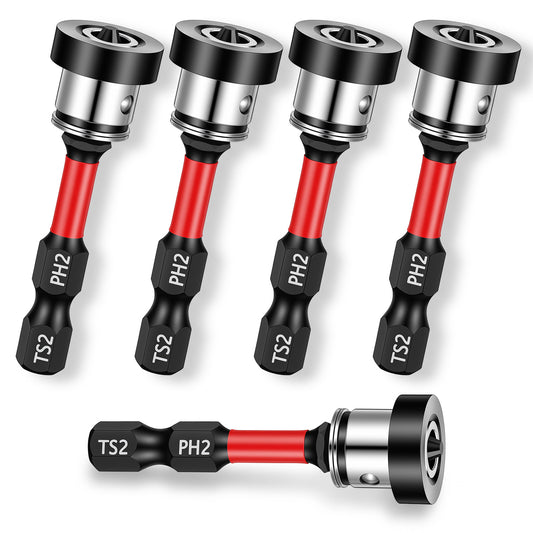 5PCS Drywall Screw Setter, Positioning Screwdriver Bits with 1/4" Hex Shank 50mm PH2 Impact Driver Bit Plasterboard Drill Adjustable Depth Stop Collar Drill Bits Set for Sheetrock Screw Drilling