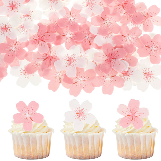 60pcs Edible Flowers Cake Topper Cupcake Toppers Decorations Rice Paper Pink Cherry Blossom Flowers Wedding Themed Party Birthday Cake Decoration Spring Bridal Engagement Baby Shower cake Theme Decor