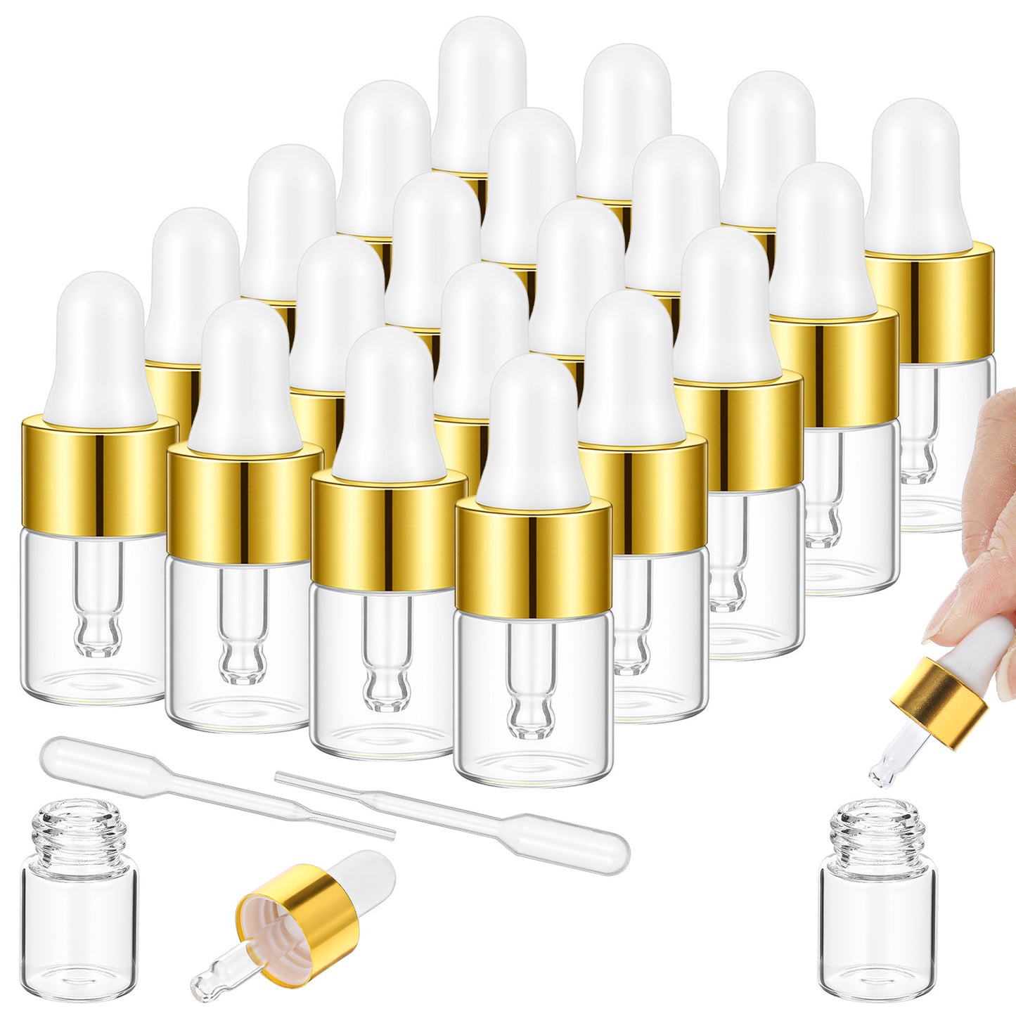 Gjinx 20 Pcs Mini Dropper Bottle, 2ml Small Sample Bottles with Gold Cap