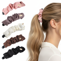 Qianyu 5Pcs Satin Banana Hair Clips Non Slip Ponytail Holder Hair Claw Clips High Cranial Large Jumbo Ruffled Ponytail Holder Vintage Boho Yarn HairAccessories for Women Fine