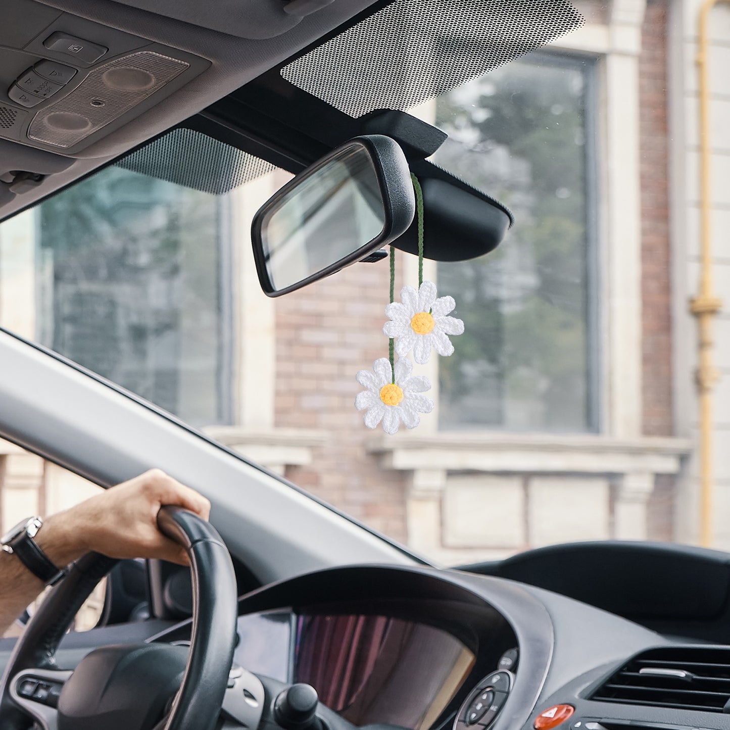 Sibba Crochet Daisy Car Accessories Flower Rear View Mirror Accessories Handmade Hanging Charms Knitted Gifts Cute Car Decor Automotive Interior Aesthetic Boho for Crochet Lovers Women