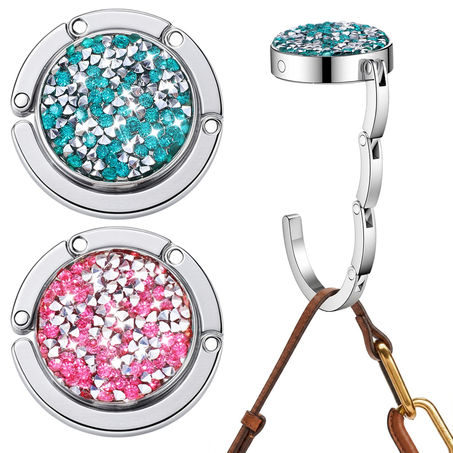 Sibba Purse Hook for Table, 2 Pcs Foldable Iron Rhinestone Stands Holders for Desk,Bag Holder Hanger Table Hook,Hooks Tables, Handbag Hanger, Purses Holder Clip