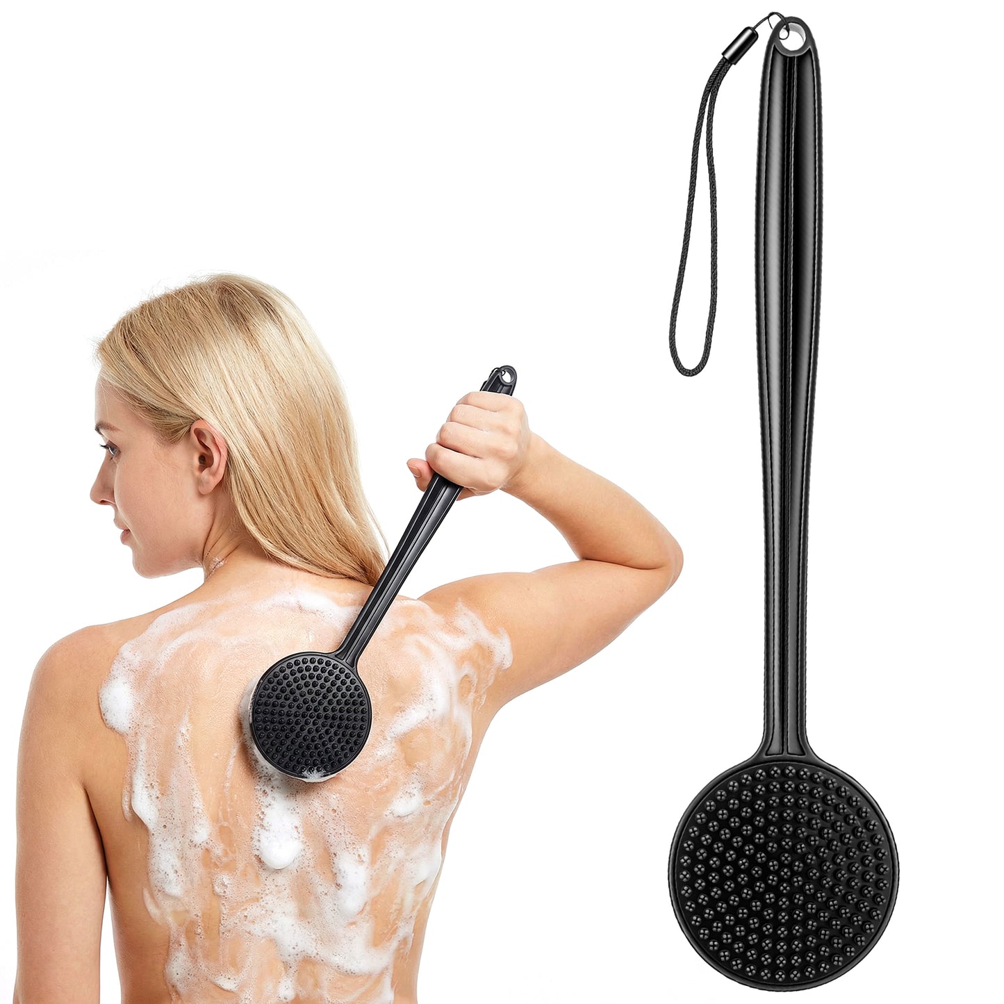 ElevateTech Silicone Back Scrubber for Shower Body Scrubber Double Sided Shower Brush Exfoliating Bath Accessories BackScrubber for Men Women with Lanyard Black