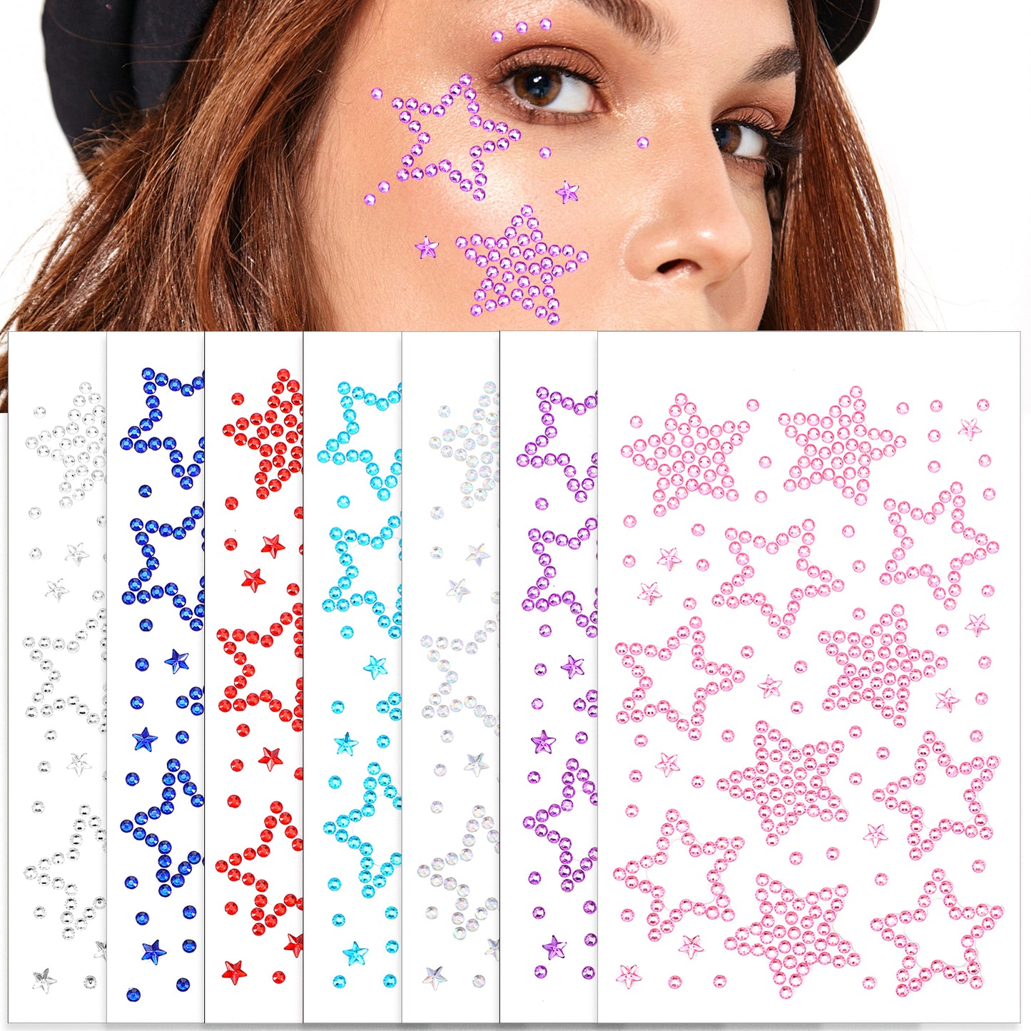 7 Sheets Face Jewels Self Adhesive Hair Gems Festival Star Rhinestone Stickers DIY Face Gems for Eye Makeup Body Stick on Gem Rave Accessories Y2K Star Faces Stickers for Women