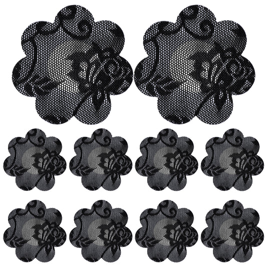 COMNICO Lace Petal Pasties, Nipple Covers Self-Adhesive Breast Covers Pasties Nipple Stickers for Women Rave Party (10, Black)