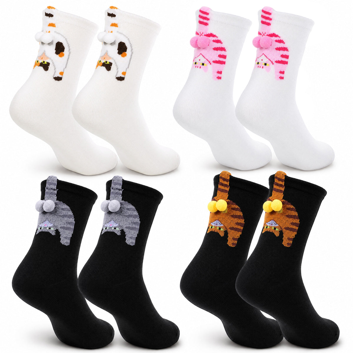 Hpmjz 4 Pairs Funny Cat Socks with Balls 3D Novelty Cute Women's Socks