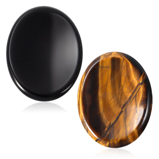 COMNICO Thumb Worry Stone for Anxiety Healing, 2 Pcs Natural Crystals Sets Hand Carved Amethyst Home Indoor Decorative Natural Stone for Anxiety Stress Relief Therapy (Black, Brown)
