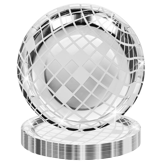 Wanmu 25Pcs Disco Paper Plates Silver Foil, Disposable Disco Ball Plates for 70s, Disco Bachelor Party Wedding Birthday Plates, Paper Tableware for Rock Roll Dance Music Party Supplies