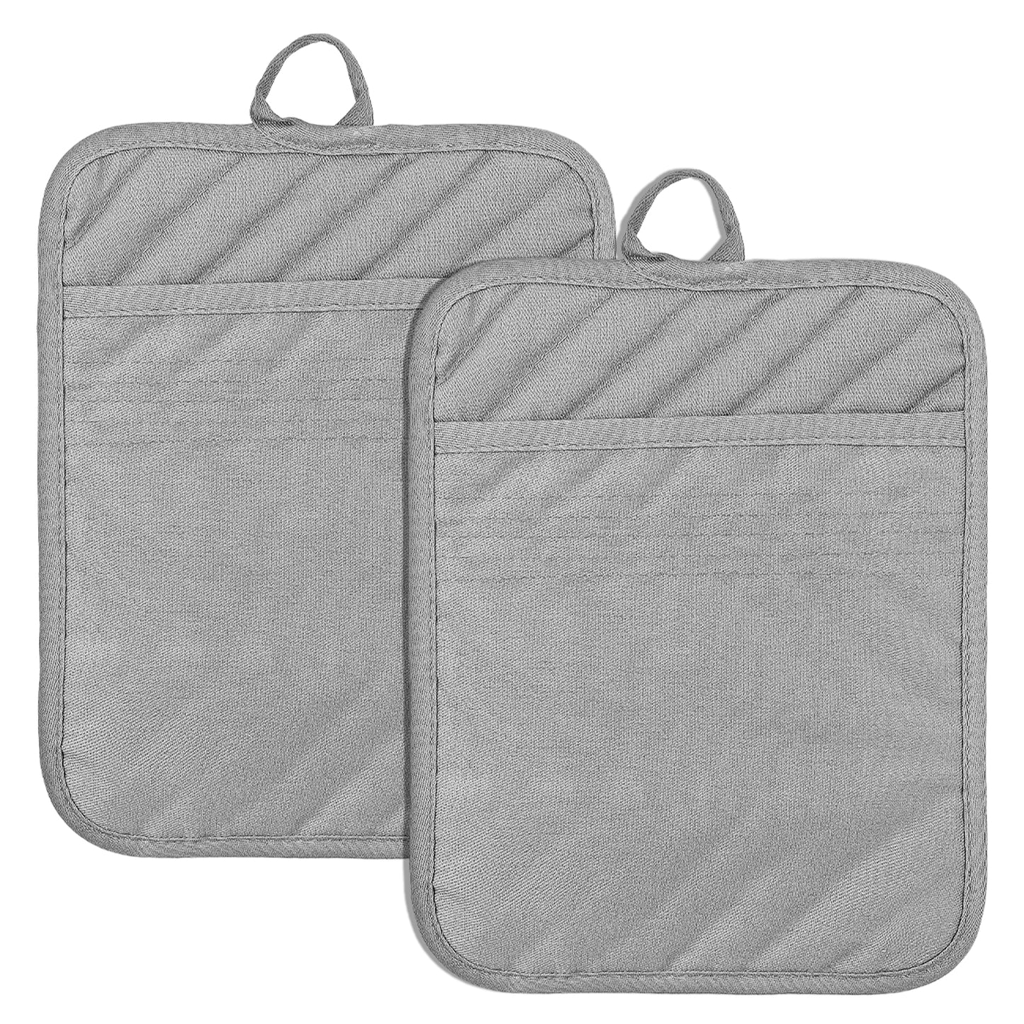 Sibba Pot Holders with Pocket, 2Pcs Cotton Heat Resistant Potholder, 7 x 9 Inch Trivets Large Coasters, Baking Square Oven Mitts for Kitchen and Baking (Grey)
