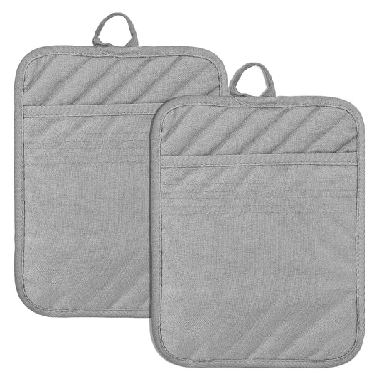Sibba Pot Holders with Pocket, 2Pcs Cotton Heat Resistant Potholder, 7 x 9 Inch Trivets Large Coasters, Baking Square Oven Mitts for Kitchen and Baking (Grey)