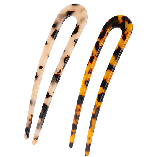 4 Pcs French Hair Forks Acetate Hair Pins Tortoise Shell U Shape Updo Clips Classic 2 Prong Hair Sticks Vintage 4.5 Inch Chignon Pin Hairstyle Accessories for Women Girls Thin Thick