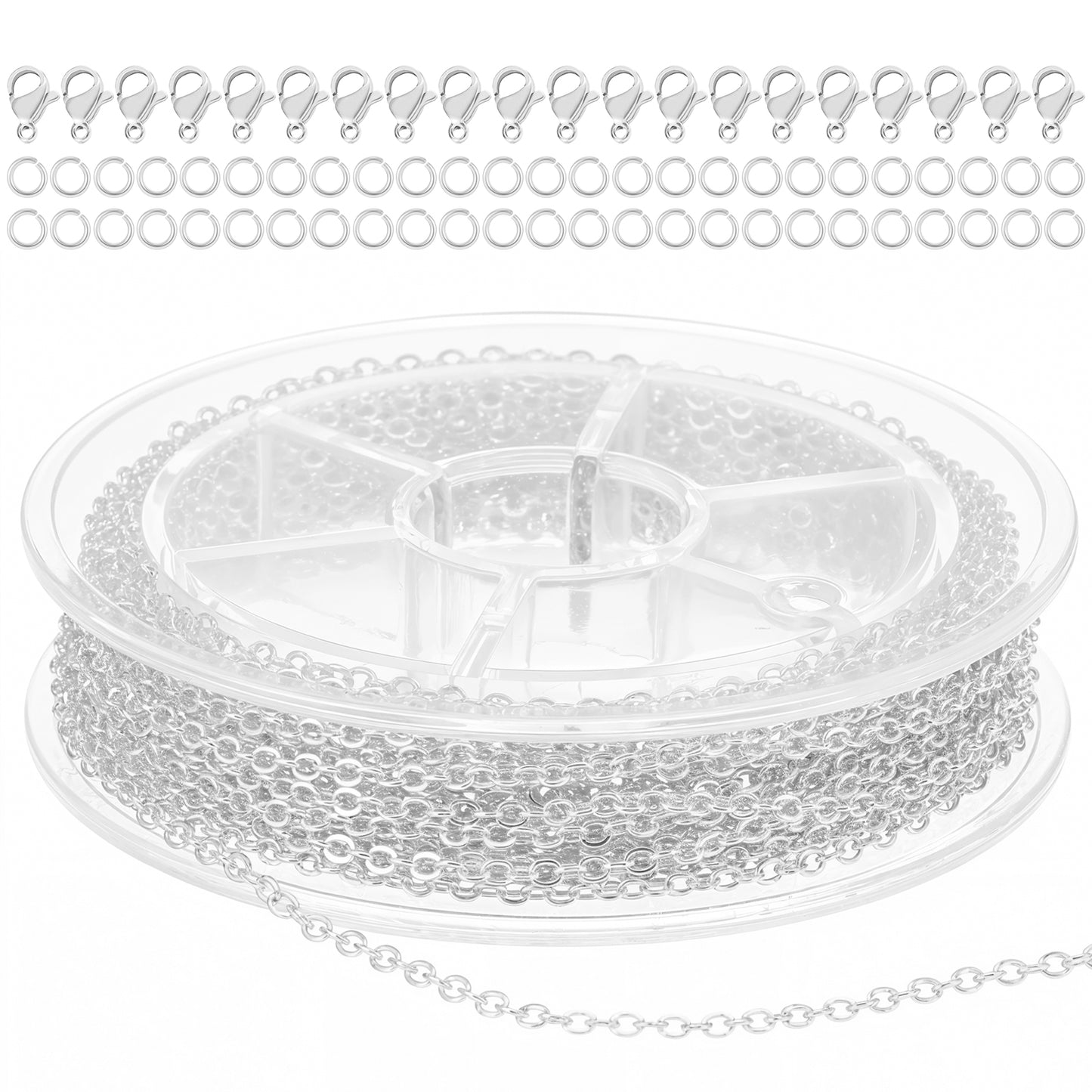 COMNICO 33ft(10m) Stainless Steel Jewelry Chain 1.5mm DIY Craft Links Supplies Findings for Making Necklace Earring Bracelet, Color Plated Metal Cable Roll 20pcs Lobster Clasps 50pcs Jump Ring(Silver)