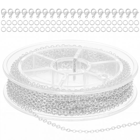 COMNICO 33ft(10m) Stainless Steel Jewelry Chain 1.5mm DIY Craft Links Supplies Findings for Making Necklace Earring Bracelet, Color Plated Metal Cable Roll 20pcs Lobster Clasps 50pcs Jump Ring(Silver)