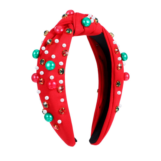 Christmas Headband for Women Crystals Pearls Wide Hair Accessory Bow Jeweled Hair Band Knotted Beaded Xmas Headband for Holiday Outfits Decorations Festive(Red)