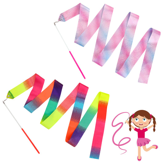 2Pcs Dance Ribbons Sparkling Rainbow Streamers 78.7 Inch Rhythmic Gymnastics Ribbon Baton Twirling Wands on Sticks Dancer Wand for Artistic Dancing Circus Carnival Shows Outdoor Play Talent Shows
