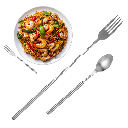 Sibba 2PCS Stainless Steel Dinner Forks Table Spoon Set 25" Extendable Metal Fork Spoon Round Edge Mirror Polished Retractable Pastry Dessert Forks Teaspoon Utensil for Fruit Salad Kitchen Restaurant