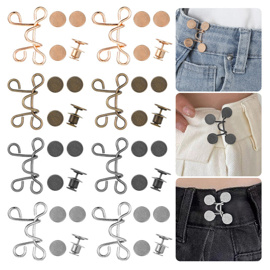 Adjustable Waist Buckle Extender Set, Button Pins for Loose Jeans, 8 Style Jean Button Pins No Sewing Pants Clips for Waist - 48PCs Metal Zinc Alloy Tighteners (Silver, Gunmetal, Gold, Copper)
