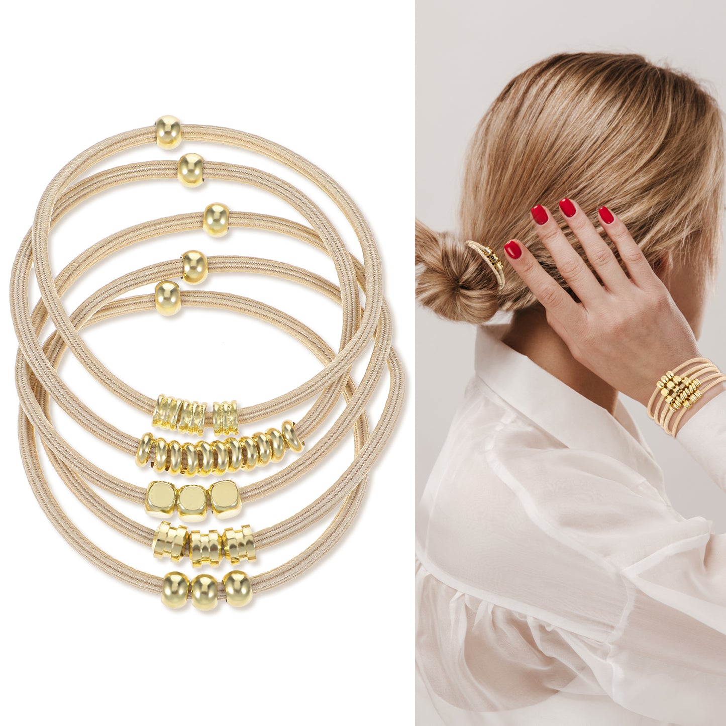 5 Pcs Blonde Boho Hair Ties Bracelet Gold Beads Elastic Blonde Ponytail Holder Cluff Aesthetic Boho Jewelry Hair Accessories Bling No Damage for Thick Thin Curly Hair Women